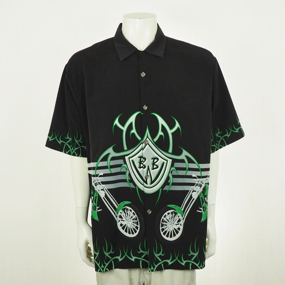 Dragonfly Button Down Shirt Mens 2XL XXL Black Y2K Tribal Motorcycle Biker Camp